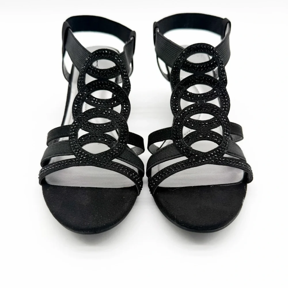 Jones New York Denice Embellished Strappy Wedge Sandal Elastic Ankle Black 8 NEW